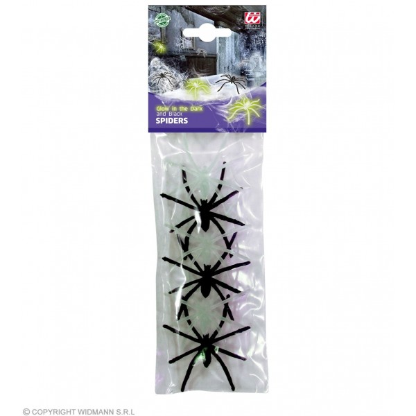 Dekoratīvie zirnekļi 4 x 3 cm, 3 spīd tumsā un 3 melni