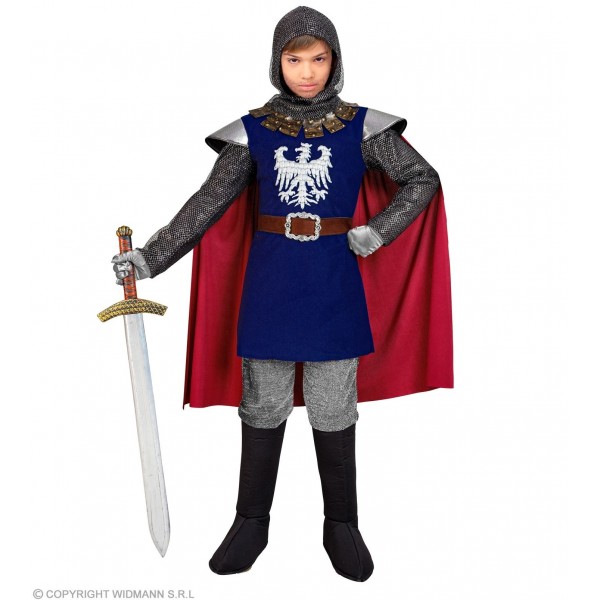 Bruņinieka kostīms, zils - formas tērps ar apmetni, josta, audumu ķivere, 140 cm