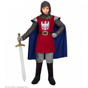 Bruņinieka kostīms, sarkans - formas tērps ar apmetni, josta, audumu ķivere, 128 cm / 140 cm