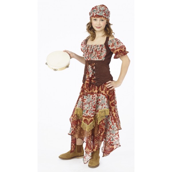 Bērnu čigānu kostīms – svārki uz gumijas, blūze un lakats, 140 cm