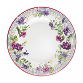 8 apaļi papīra šķīvji 27 cm ar spilgtu ziedu ornamentu violetos un purpursarkanos toņos