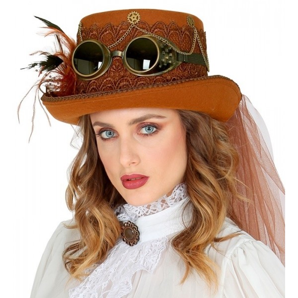 Steampunk cilindrs ar brillēm un plīvuru