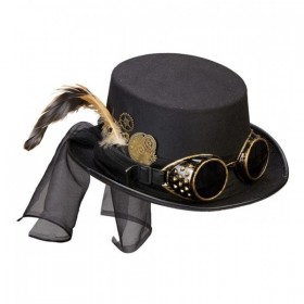 Steampunk cilindrs ar brillēm un spalvu