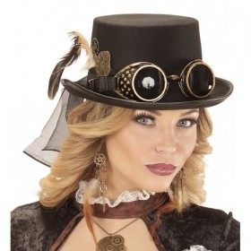Steampunk cilindrs ar brillēm un spalvu