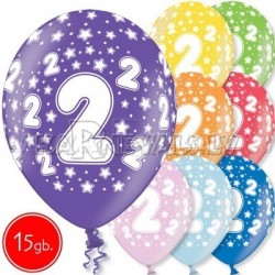 12"/30 cm lateksa baloni, 2  dzimšanas diena, assortimentā 8 dažādas krāsas, 15 gab.