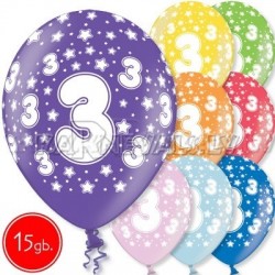 12"/30 см шар из латекса, 3 день рождения,  в ассортименте  8 цветов, 15 шт.