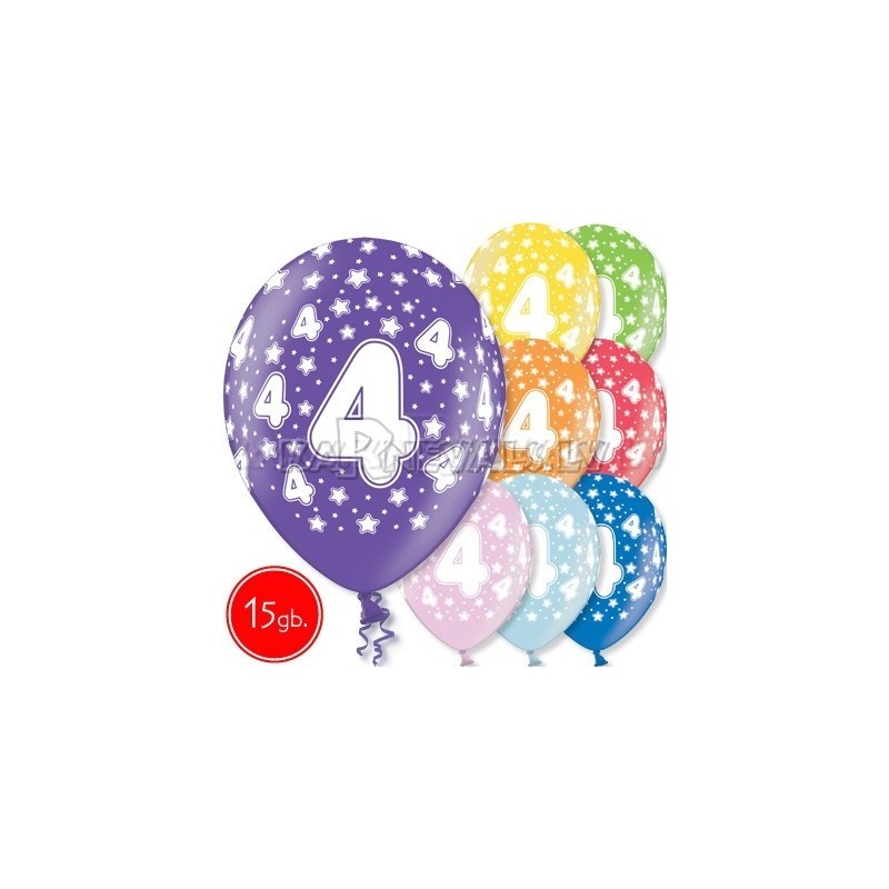 12"/30 cm lateksa baloni, 4  dzimšanas diena, assortimentā 8 dažādas krāsas, 15 gab.