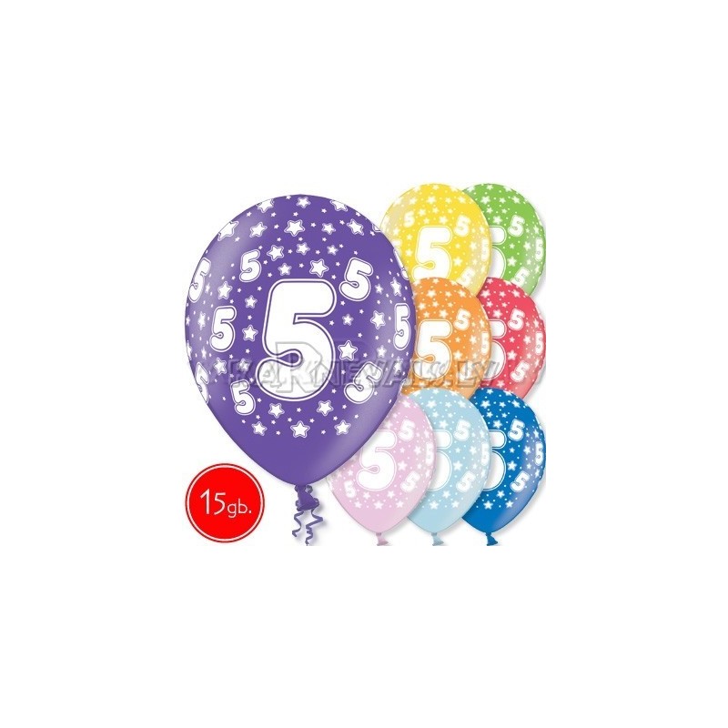 12"/30 cm lateksa baloni, 5  dzimšanas diena, assortimentā 8 dažādas krāsas, 15 gab.