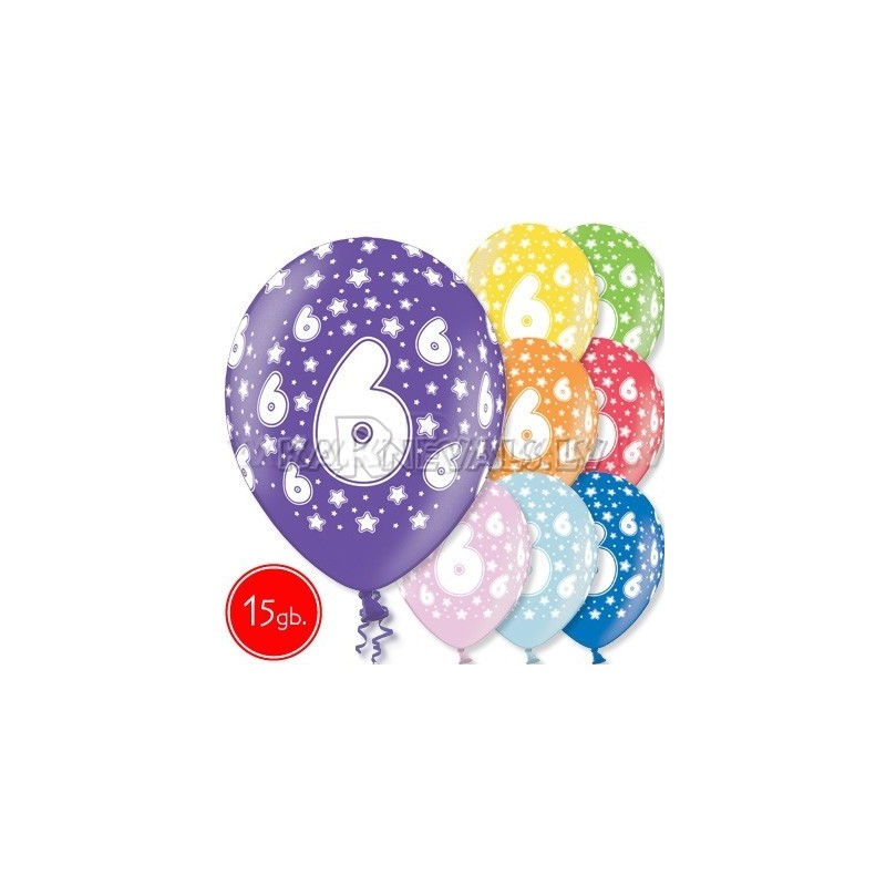 12"/30 cm lateksa baloni, 6 dzimšanas diena, assortimentā 8 dažādas krāsas, 15 gab.