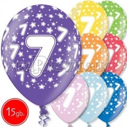 12"/30 cm lateksa baloni, 7 dzimšanas diena, assortimentā 8 dažādas krāsas, 15 gab.