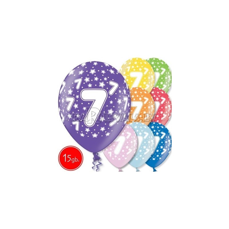12"/30 см шар из латекса, 7 день рождения,  в ассортименте  8 цветов, 15 шт.