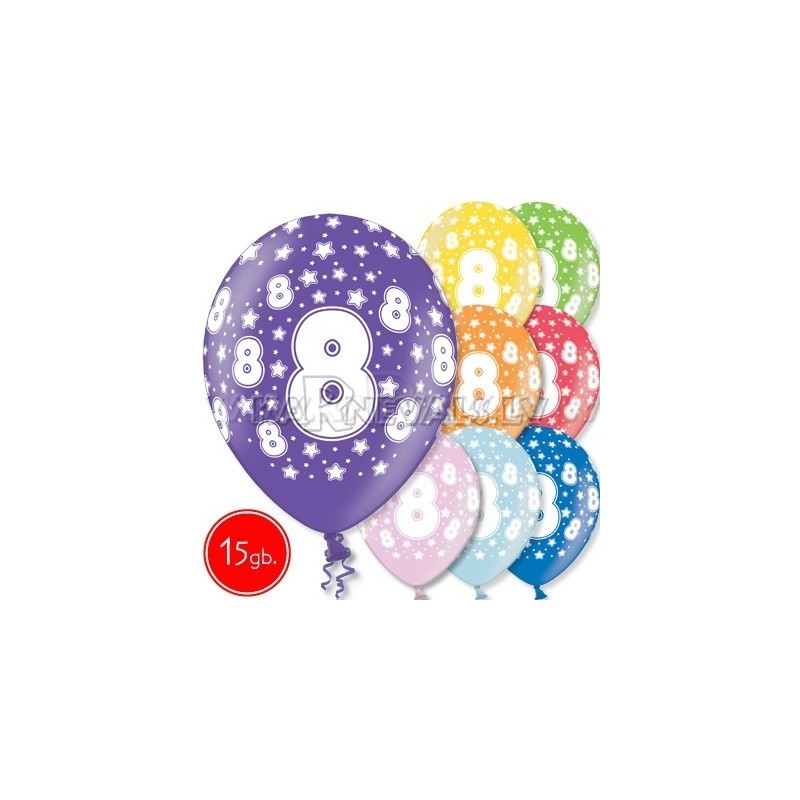 12"/30 cm lateksa baloni, 8 dzimšanas diena, assortimentā 8 dažādas krāsas, 15 gab.