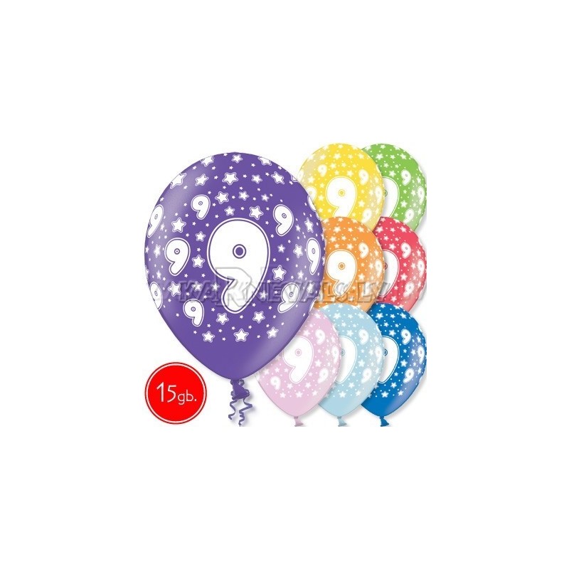 12"/30 см шар из латекса, 9 день рождения,  в ассортименте  8 цветов, 15 шт.