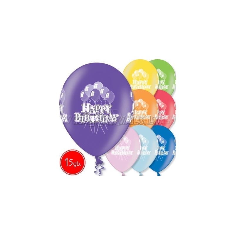 12"/30 cm lateksa baloni, Happy Birthday, 15 gab.