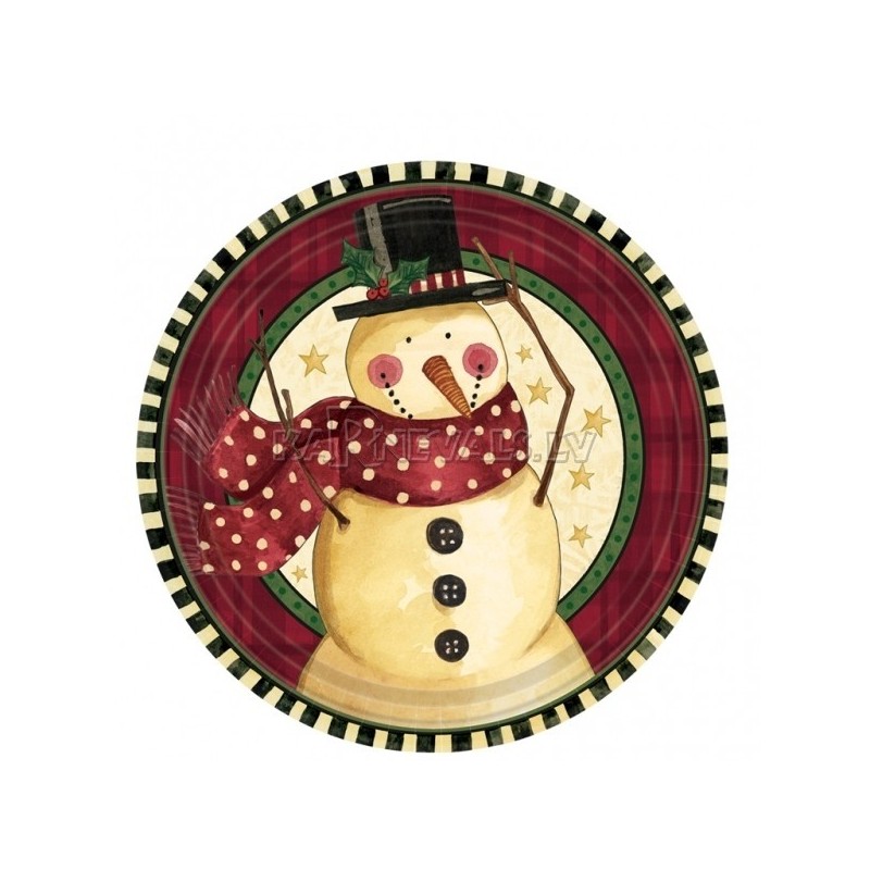 Набор прочных  бумажных тарелок﻿ с рисунком. Тема:  уютный снеговик 18 см  8 шт