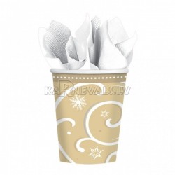Набор прочных бумажных стаканчиков﻿ с рисунком. Тема - блестящие снежинки  266 ml 8 шт