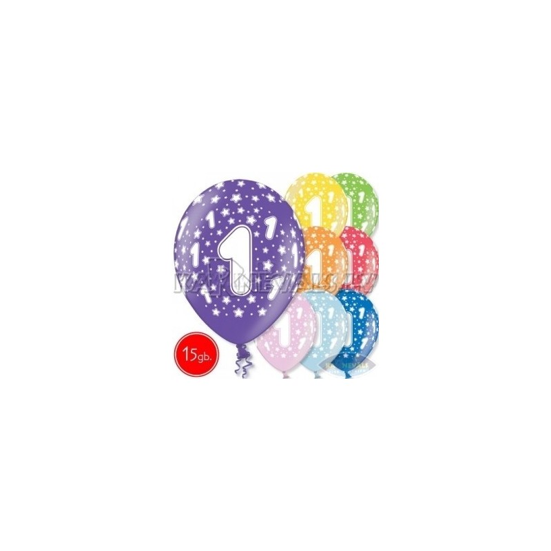 12"/30 cm lateksa baloni, 1  dzimšanas diena, assortimenta 8 dažadas krasas, 15 gab.