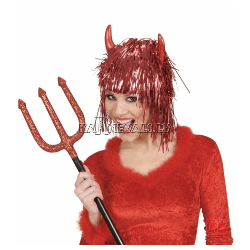 Красный парик в стиле диско и маленькими рожками чертика