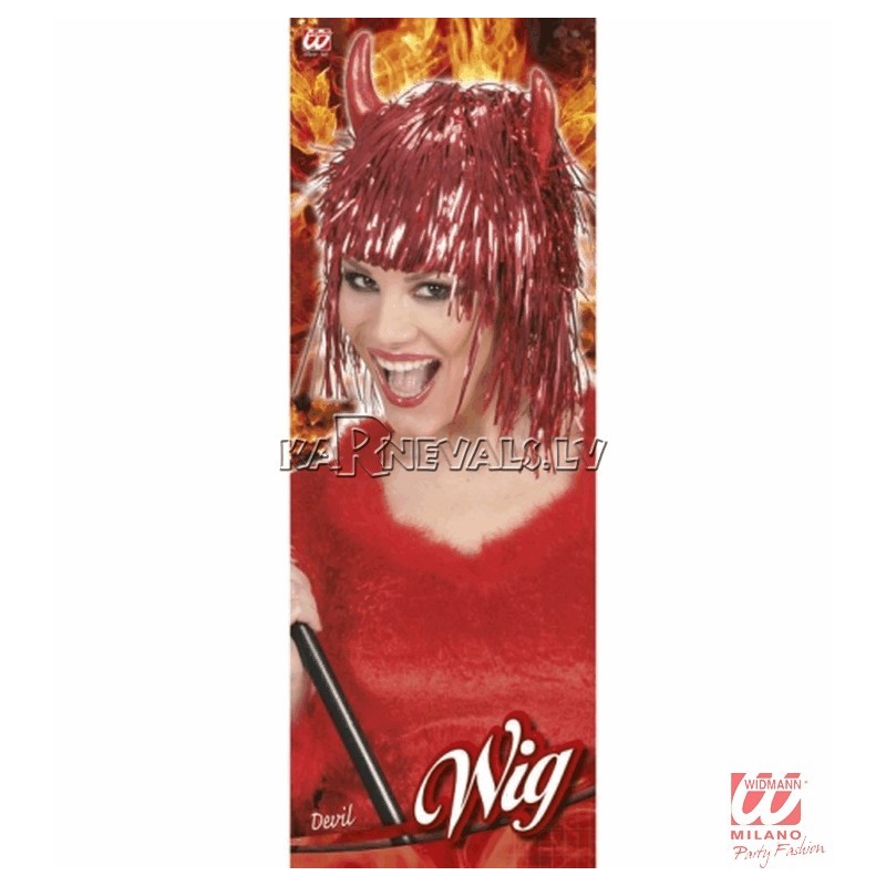 Красный парик в стиле диско и маленькими рожками чертика