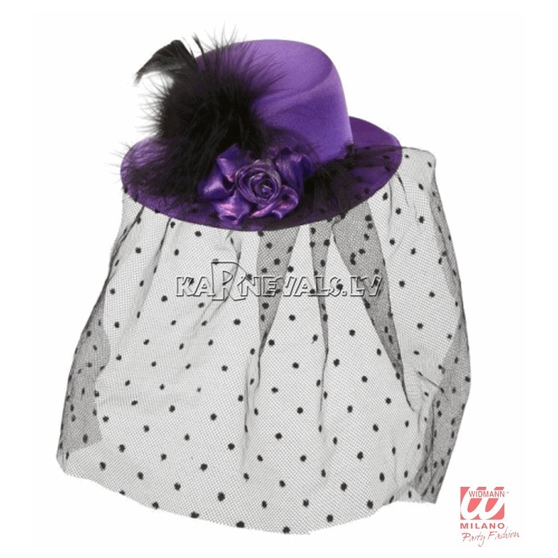 Violēta mini cepure ar punktotu plīvuru, rozi un spalvā