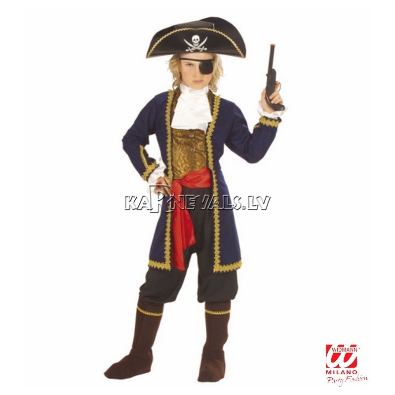 Карнавальный костюм (128см) - Пират 7 морей: куртка, жилет, жабо, манжеты, брюки, пояс, бахилы, шляпа, повязка на глаз