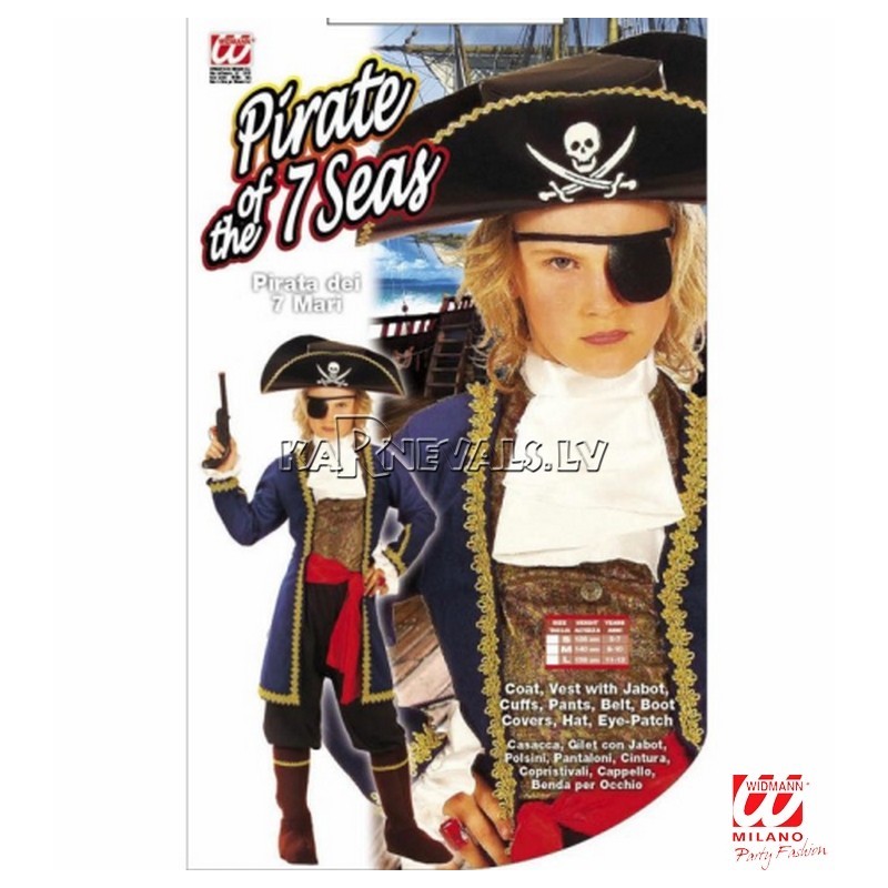 Pirāta kostīms (128cm) - mētelis, veste ar žabo, aproces, bikses, josta, apavu pārvalki, cepure, acu aizsegs
