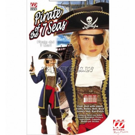 Pirāta kostīms (128cm) - mētelis, veste ar žabo, aproces, bikses, josta, apavu pārvalki, cepure, acu aizsegs