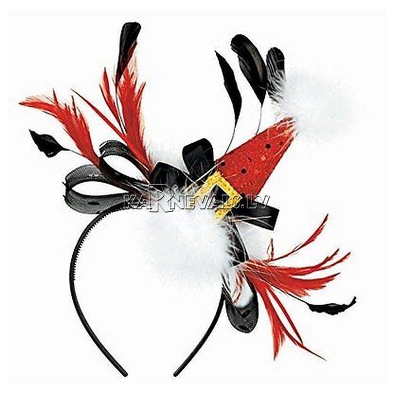 Мини-шапочка новогодняя, на ободке, украшенная пухом и перьями