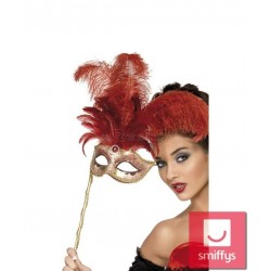 Карнавальная маска с перьями в стиле барокко, красная с золотом