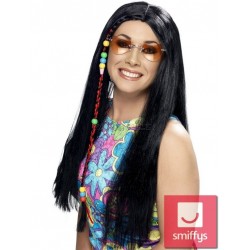 Парик хиппи, чёрный, длинный, с косичкой, синтетика