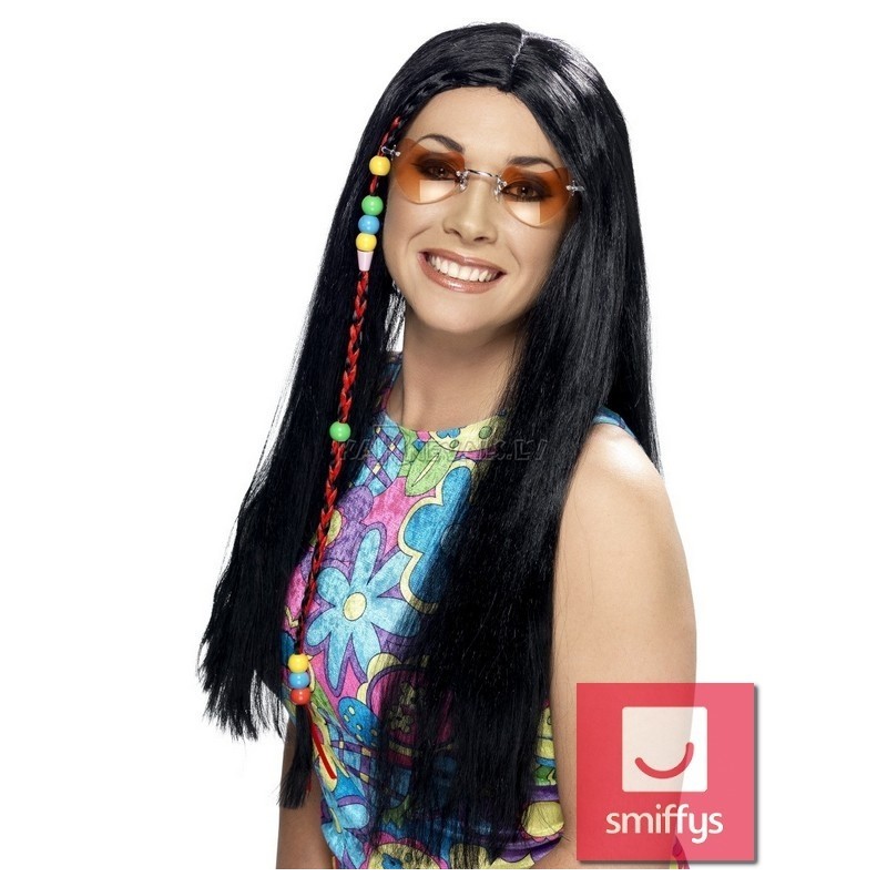 Парик хиппи, чёрный, длинный, с косичкой, синтетика
