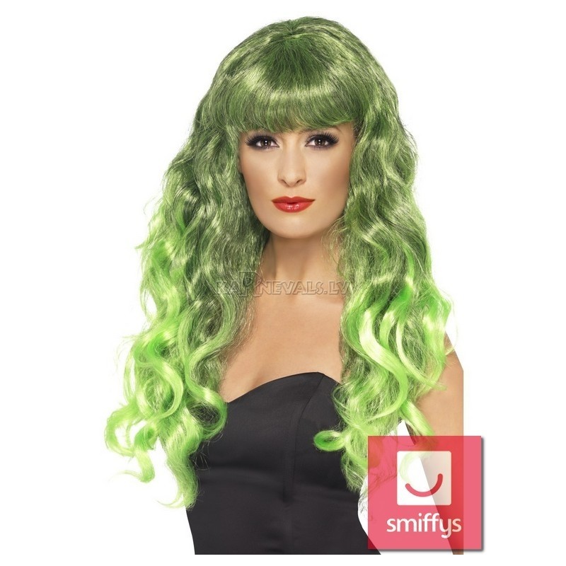Parūka Sirena, zaļa, gara, cirtaina, ar čolku, sintētika