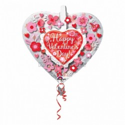 Sirds un puķes Valentindienā  dubults folija balons 66 x 66 cm 