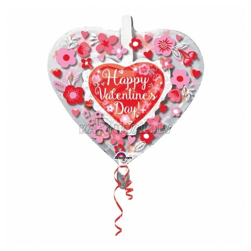 Sirds un puķes Valentindienā  dubults folija balons 66 x 66 cm 