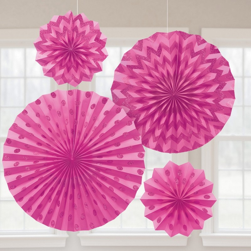 4 Fan Decorations Glitter Bright Pink 20.3/30.4/40.6 cm